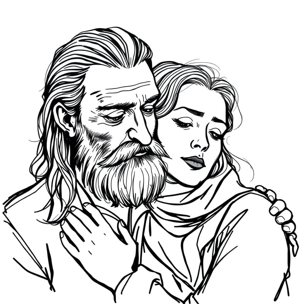 Couple Embracing in Minimalist Black and White Sketch