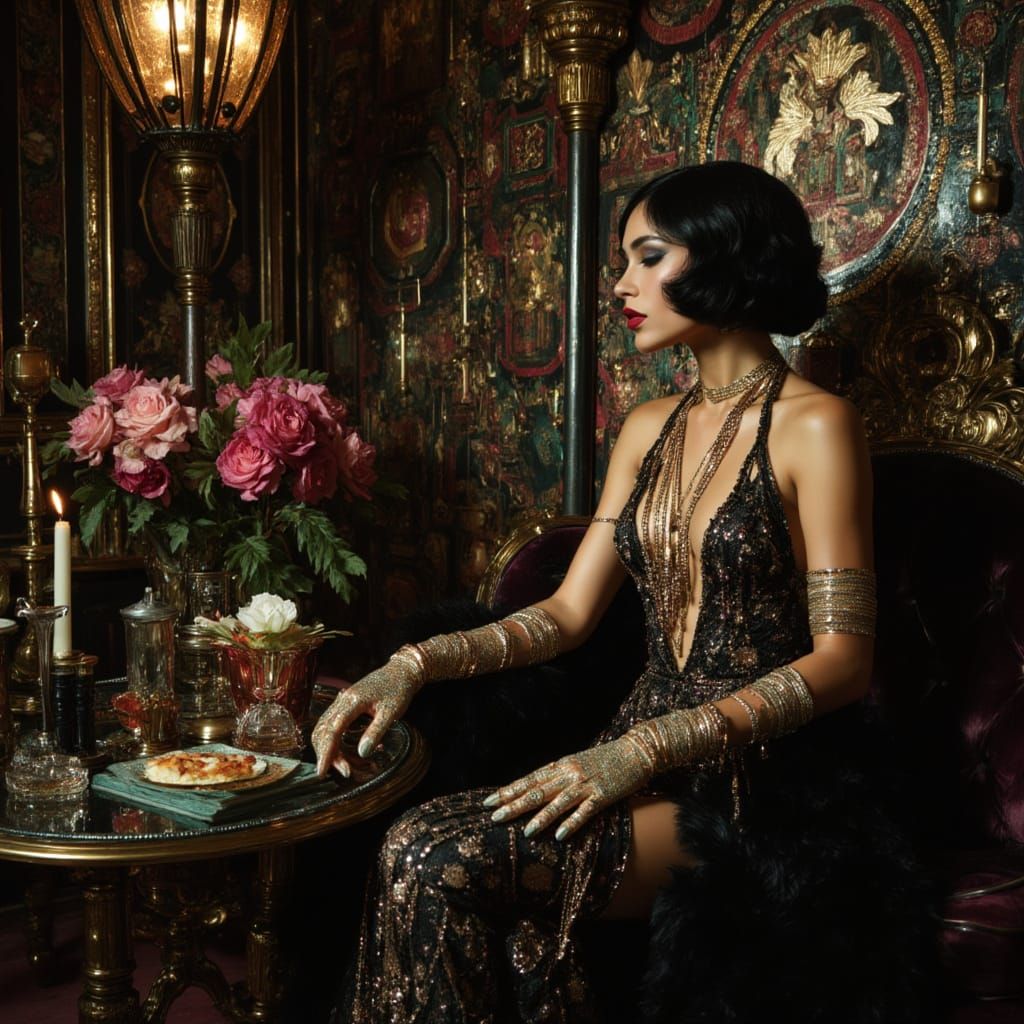 Glamorous Flapper in Art Deco Parlour