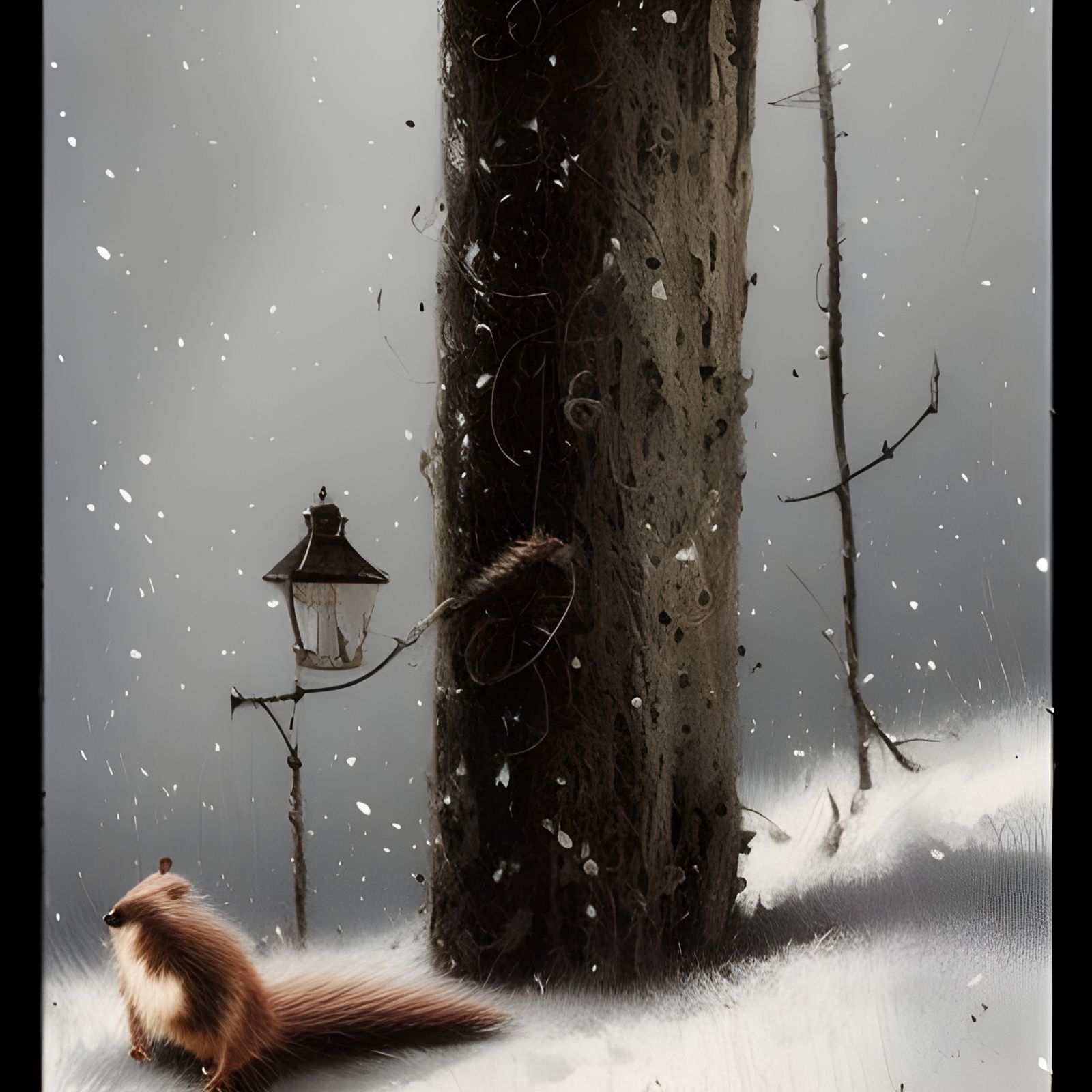 Skunks in Snow by Fence Post, Sinister Art