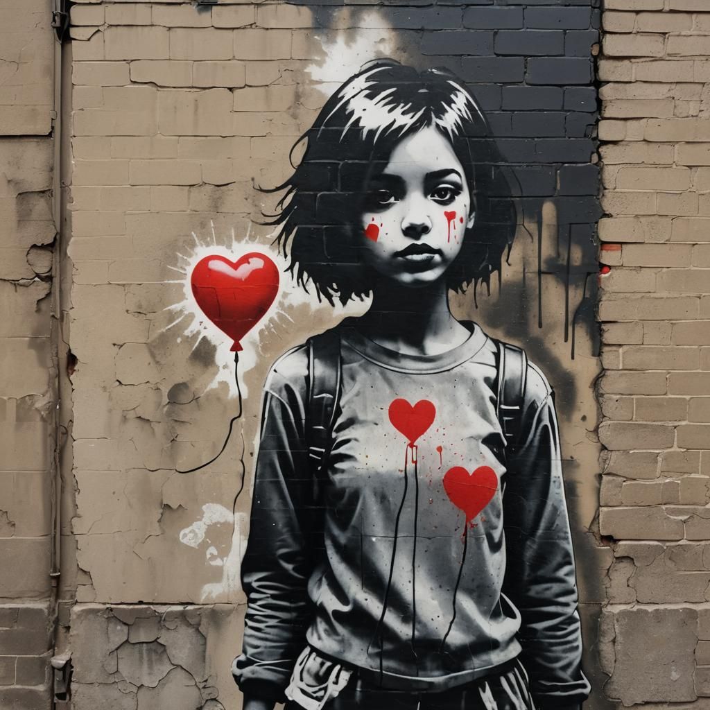 Girl with Heart Balloon in Urban Stencil Art Style
