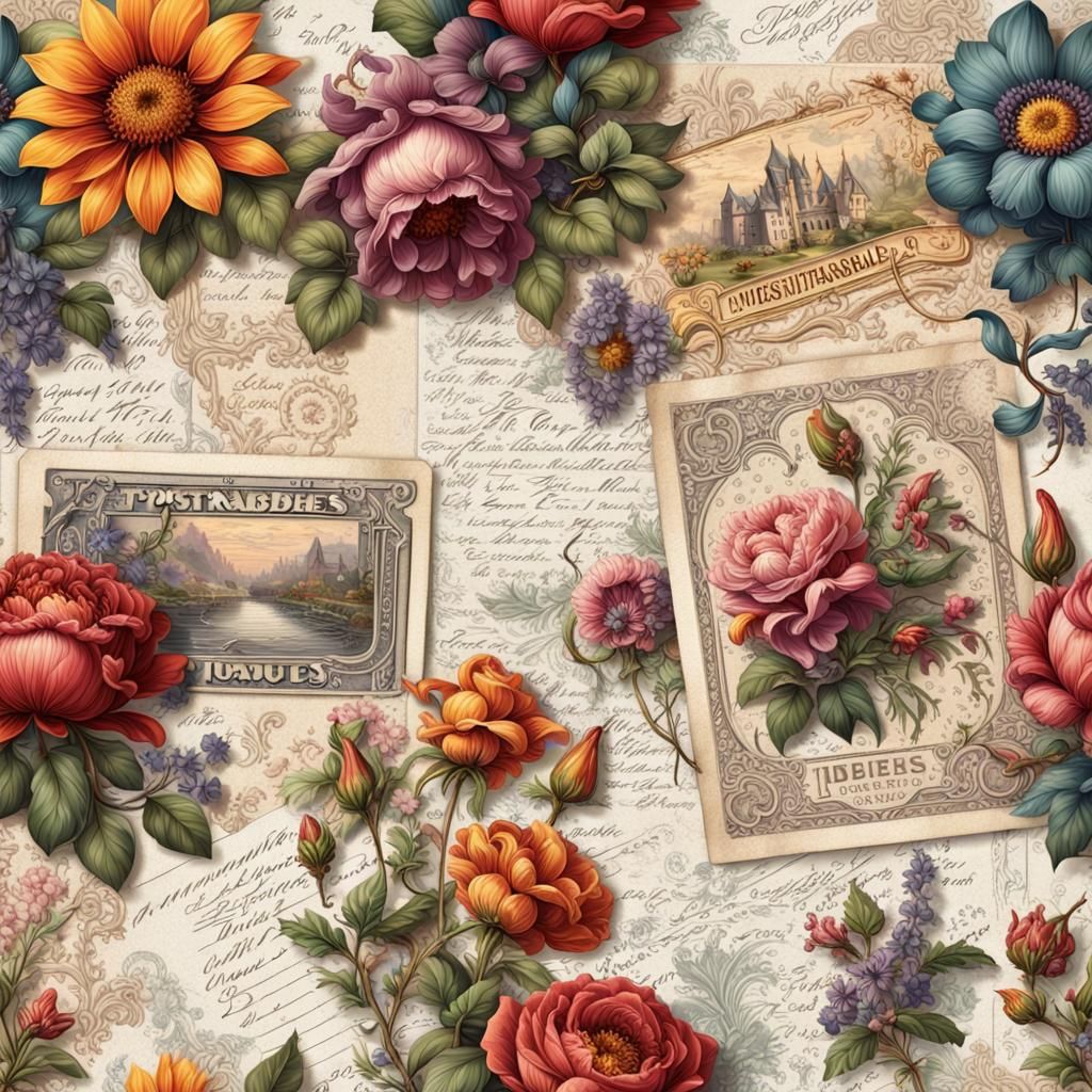 Floral Vintage Stamp Newspaper Ephemera on White