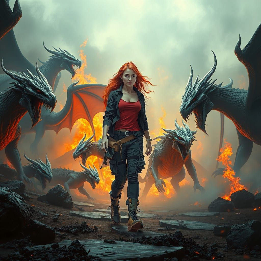 Girl Embarks Through Infernal Landscape with Demons and Beas...