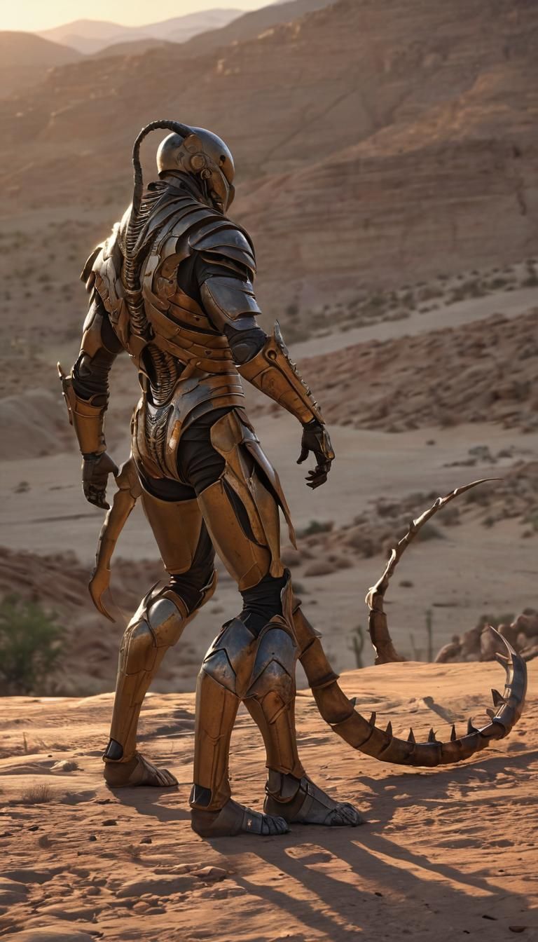 Illustrate a human with a sleek, scorpion-like tail and subt...