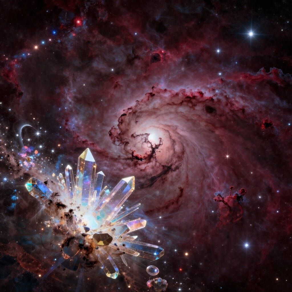 Cosmic Nebula with Exploding Crystals in Deep Burgundy