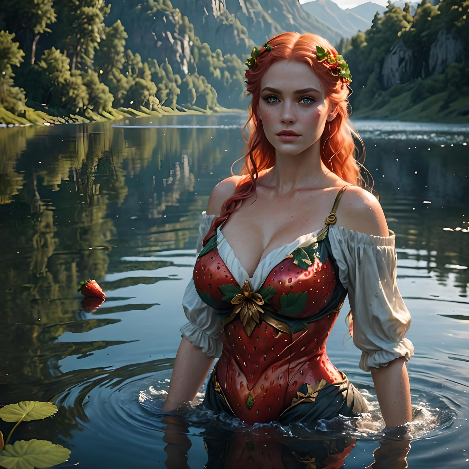 strawberry-gold hair,light-blue eyes gorgeous woman, perfect huge breast, standing in a lake. charming. life-like.no clo...