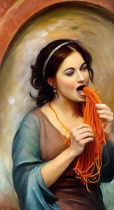 Gothic Woman Eating Spaghetti: Realistic Terracotta Painting