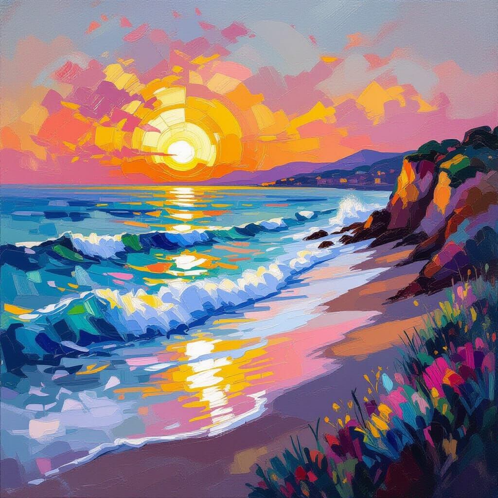 Bioluminescent Seashore Sunset: Impressionist Expressionism