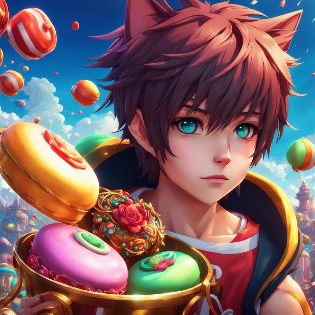 Anime Emo Catboy with Candy, Digital Art
