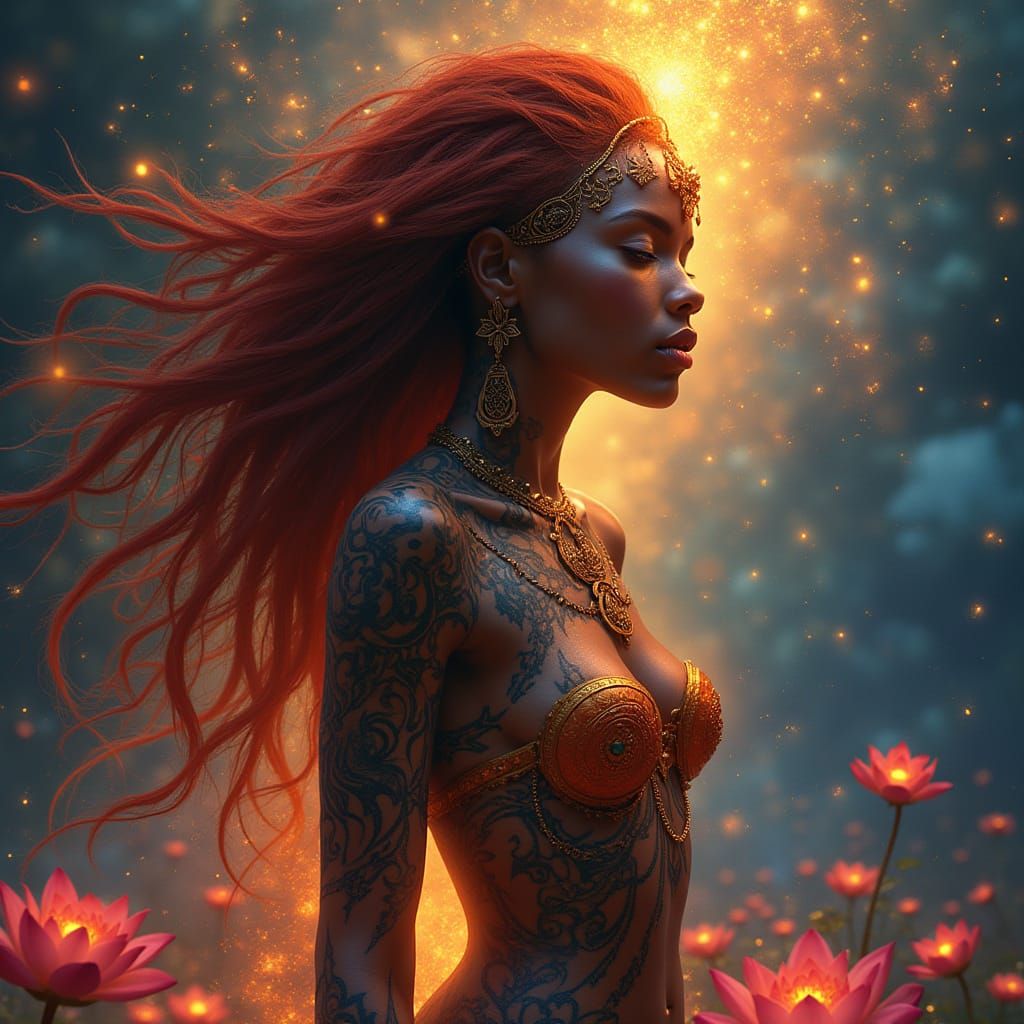 Ebony Goddess Amidst Cosmic Energy in Hyperrealism