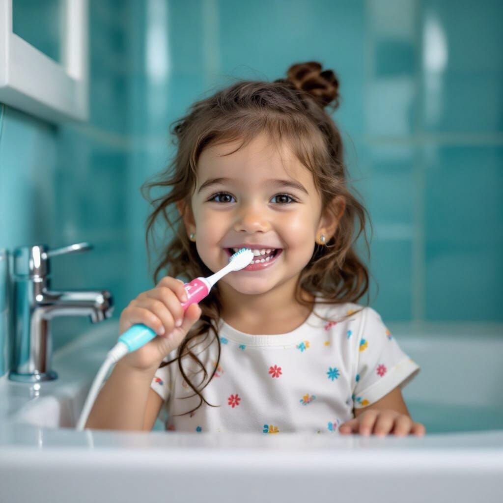 Girl Brushing Teeth in Beatrix Potter Style