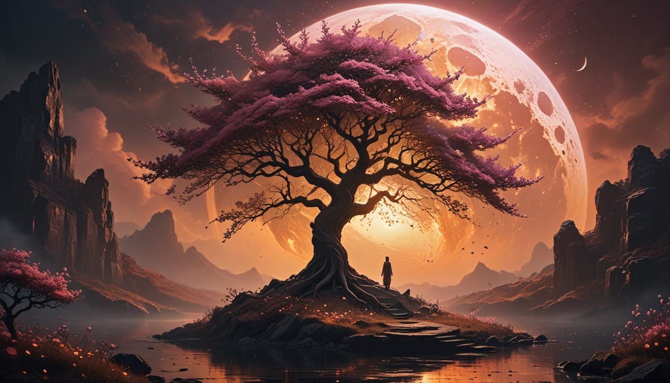 Surreal Golden Moon with Dreamlike Landscape and Glowing Tre...
