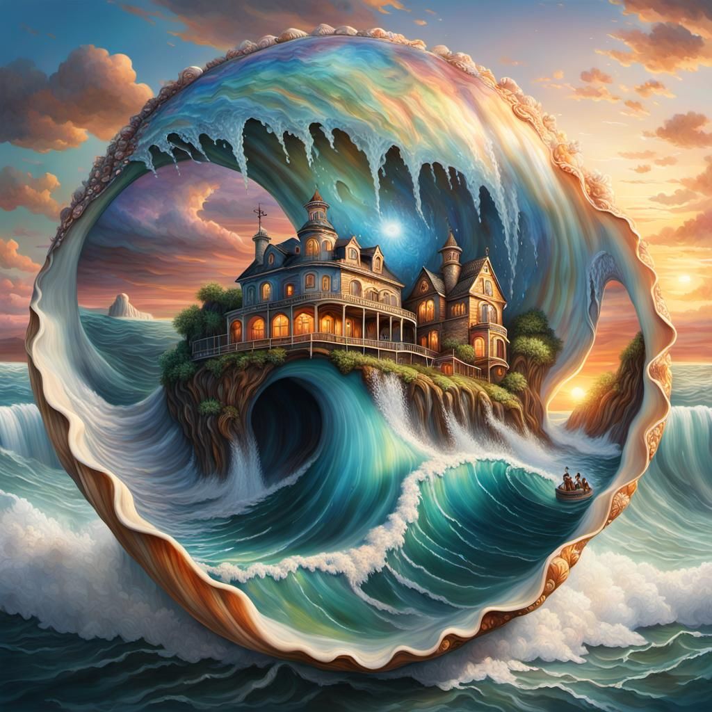 Magical Seashell Universe with Surfers, as Fantasy Art