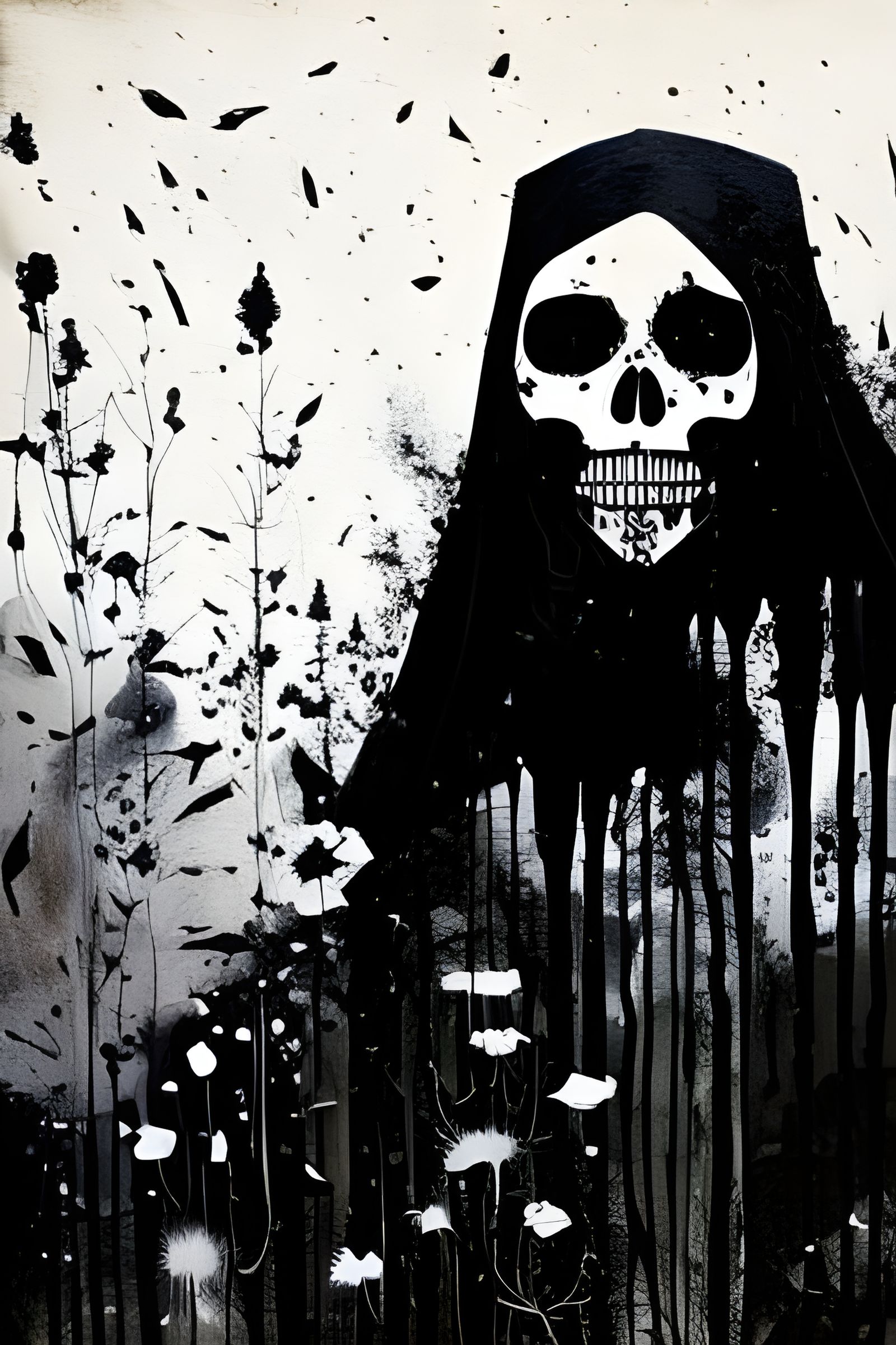 Sinister Black Ghost Skull with Flowers: Matte Painting