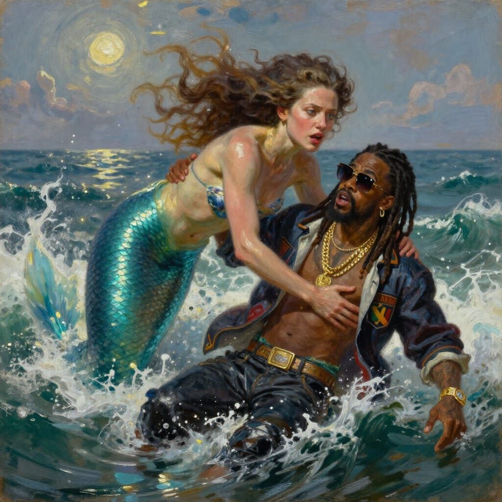 Epic Oil Painting of Mermaid Rescuing Rapper