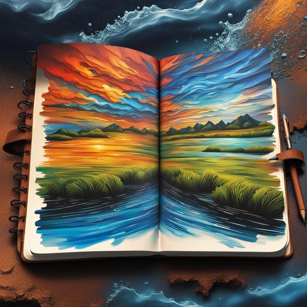 Leather Notebook in River: Hyperrealistic Splash Art