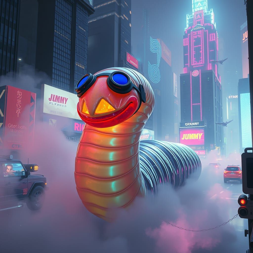 Gummy Worm in a Neon Cyberpunk City