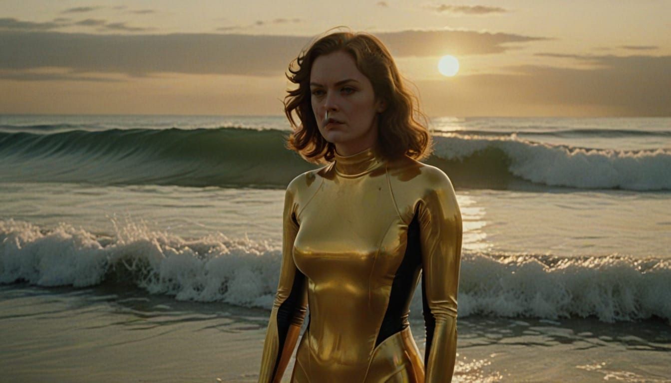 Woman Surfer in Royal Gold Latex Wetsuit at Golden Hour