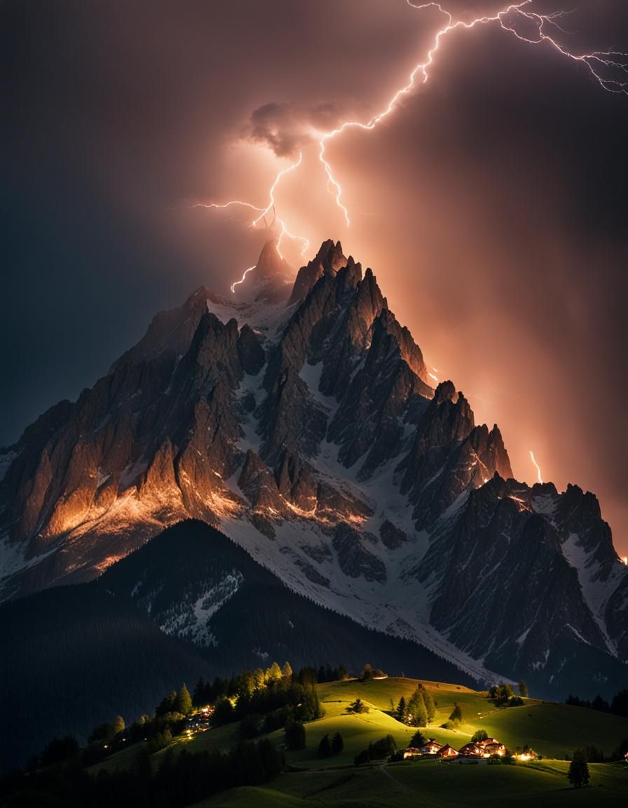 Lightning Strikes Mountain Peak in the Alps