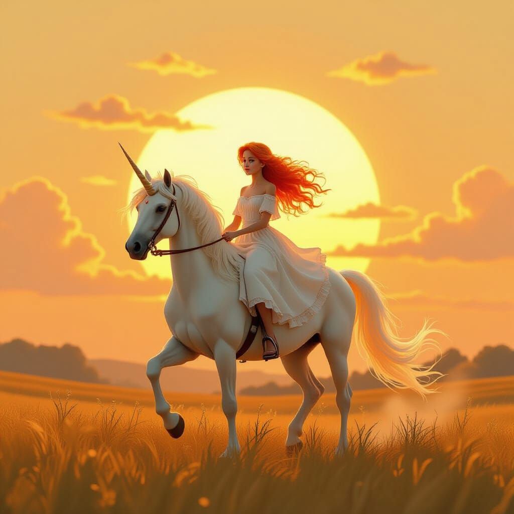 Girl Rides Unicorn into Sunset: A Fantasy Illustration