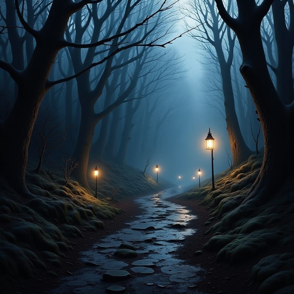 Eerie Lantern Path Through Misty Forest Landscape