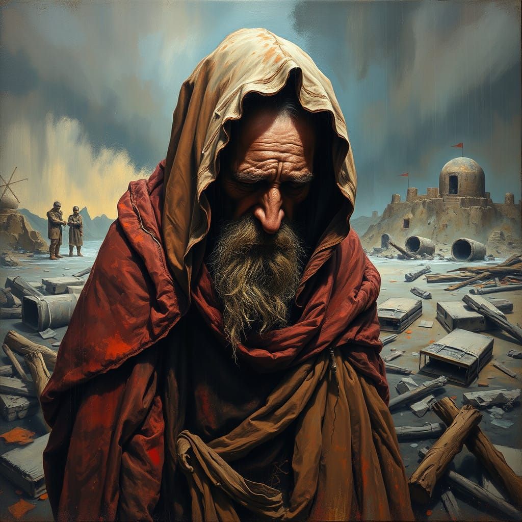 Tormented Soul in Desolate War-Torn Landscape