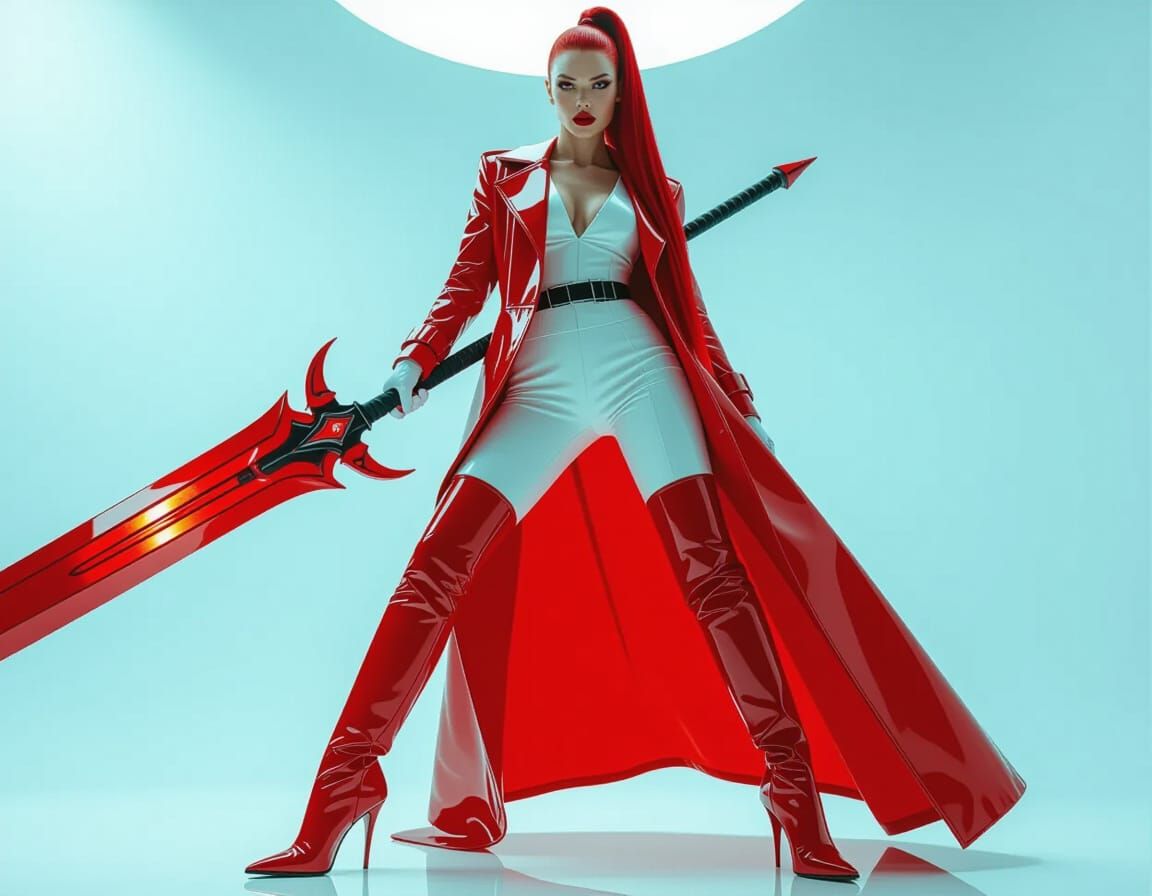 Crimson Haired Fashion Model with Greatsword in Studio