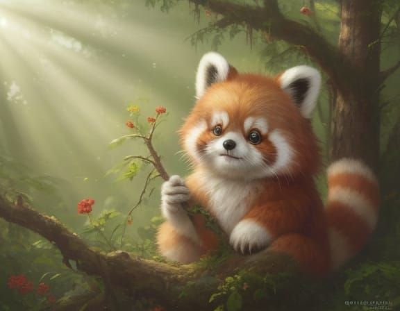 Cute Baby Red Panda in Forest with God Rays