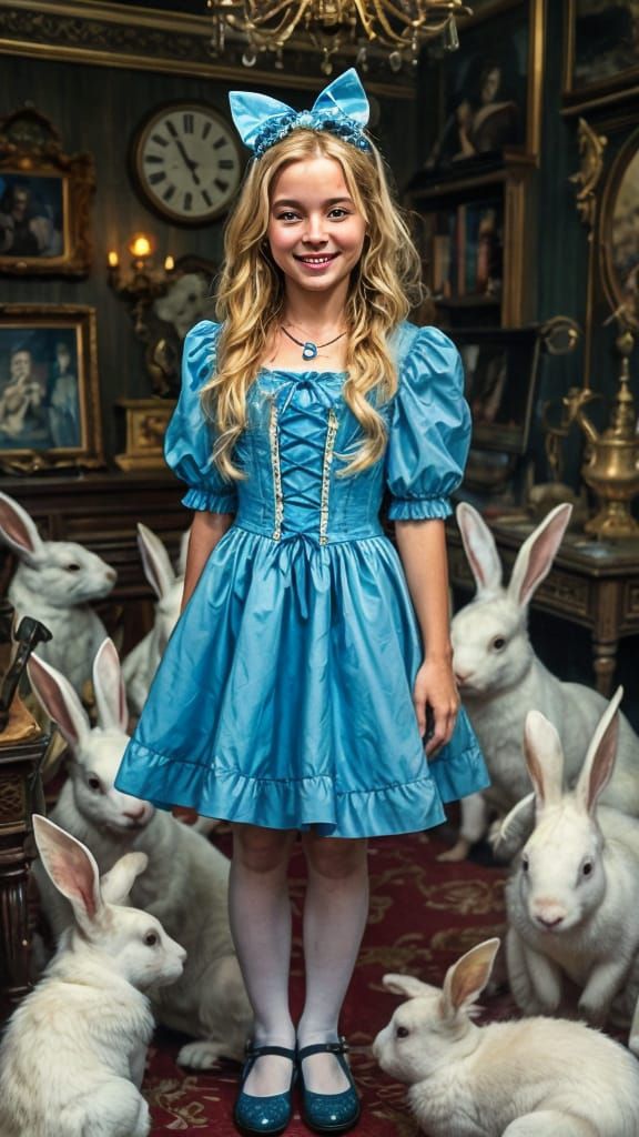 Alice in Wonderland Scene with Giant Rabbits