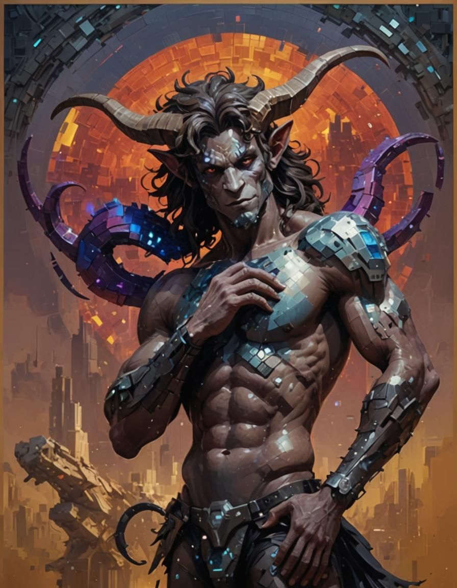 Pixelated Neofuturistic Satyr in Surreal Landscape