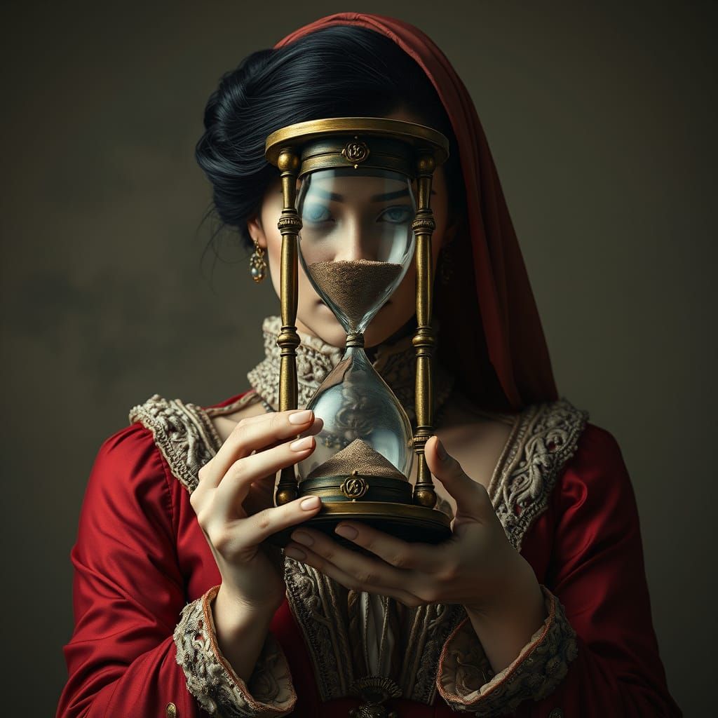 Elegant Woman Holding Hourglass in Digital Art Style