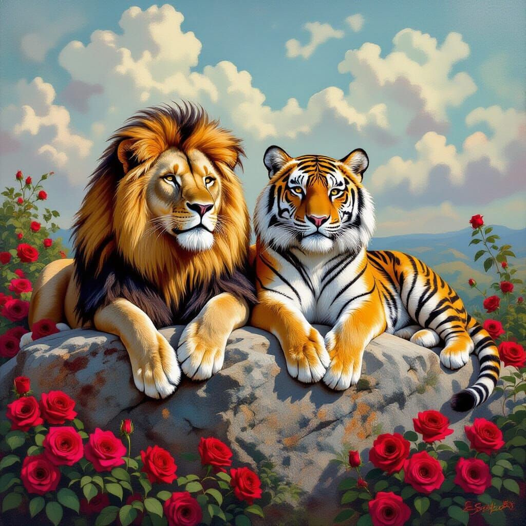Lion and Tiger Relaxing on Rock Amidst Roses