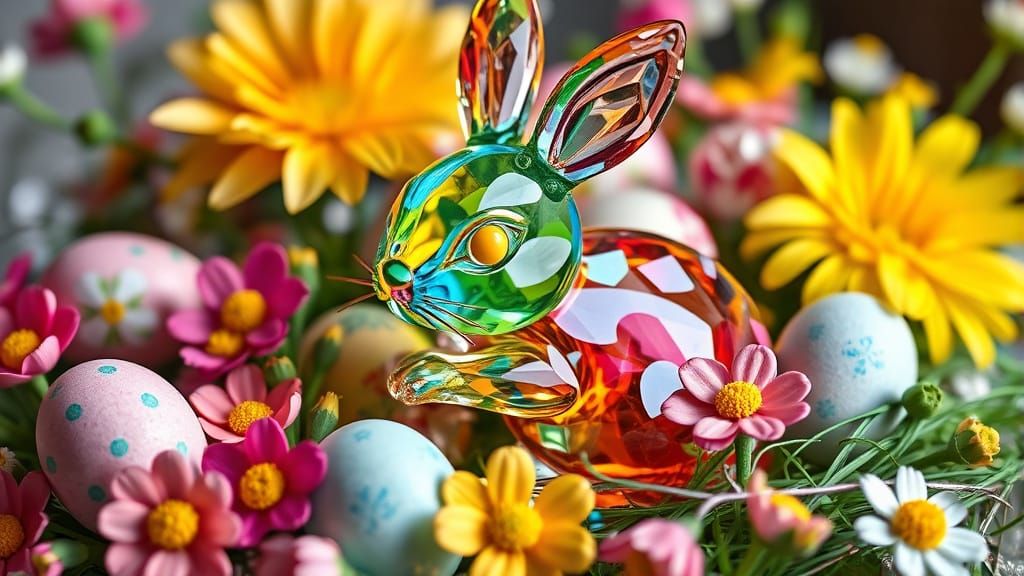 Easter Bunny Hides Coloured Eggs Amidst Vibrant Floral Surro...