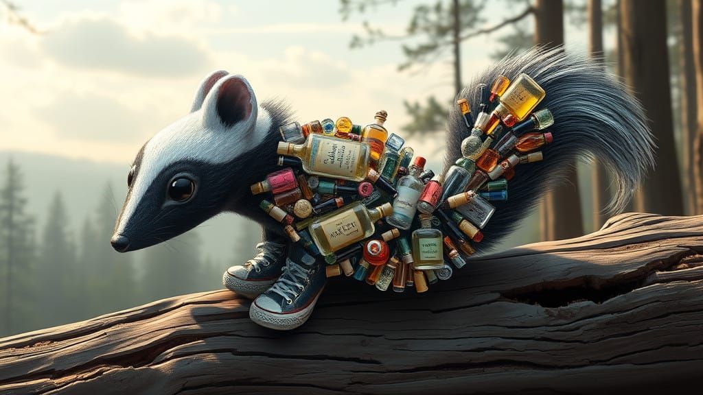 Whimsical Skunk Mosaic in Forest Setting