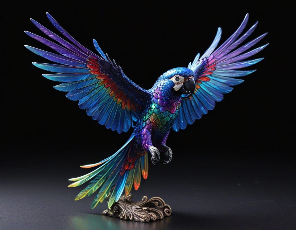 Detailed Blown Glass Macaw Sculpture with Iridescent Hues