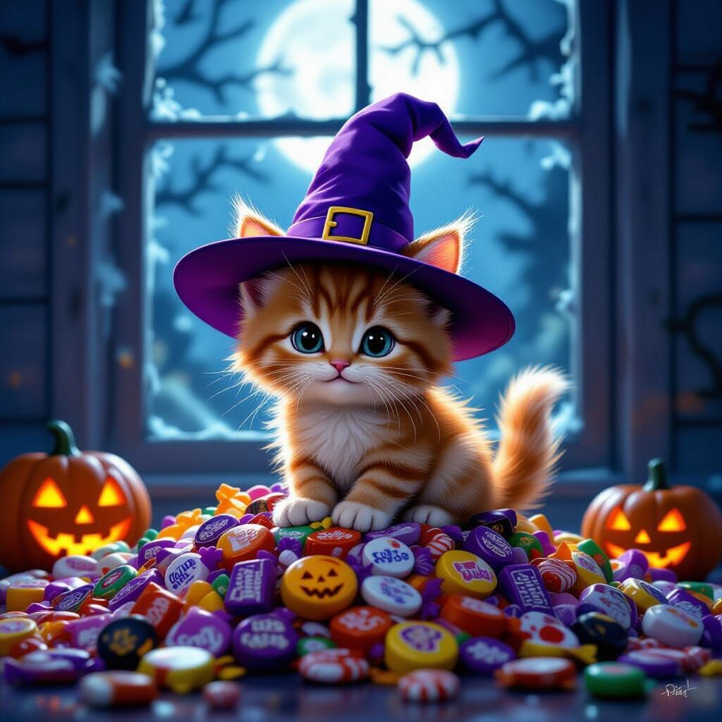 Fluffy Witch Kitten on Candy Pile, Whimsical Illustration
