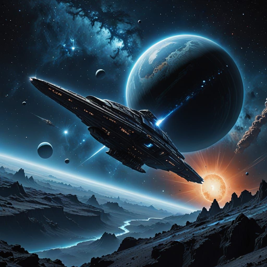 Sleek Spaceship Soaring Past Blue Planet