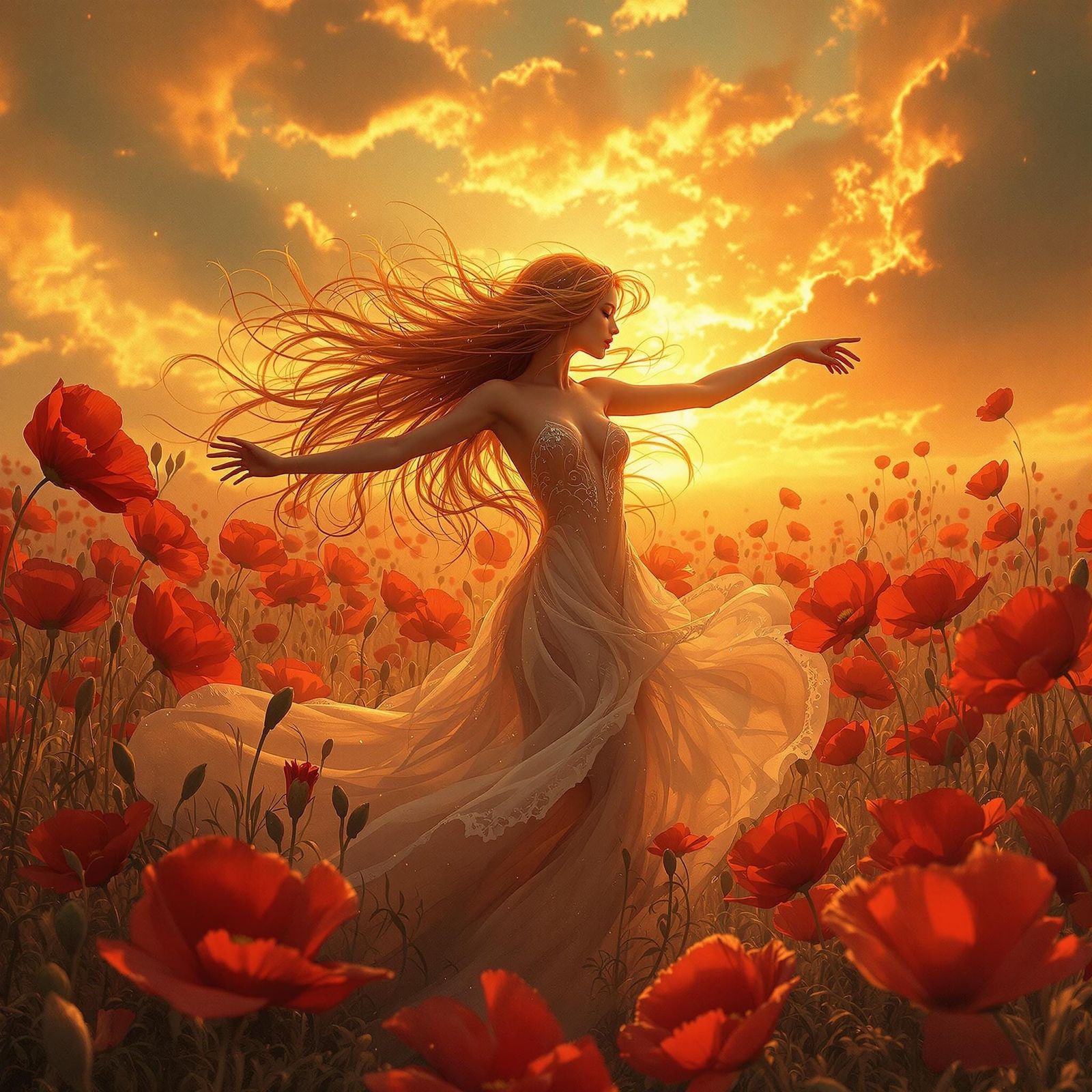 Fire Nymph Dancing in Crimson Poppy Field