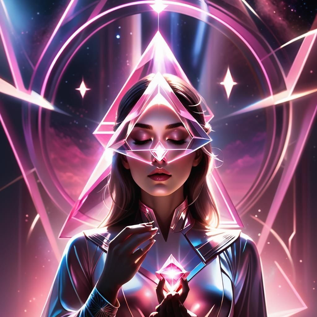 Woman Holds Glowing Tetrahedron: Ethereal Visionary Art