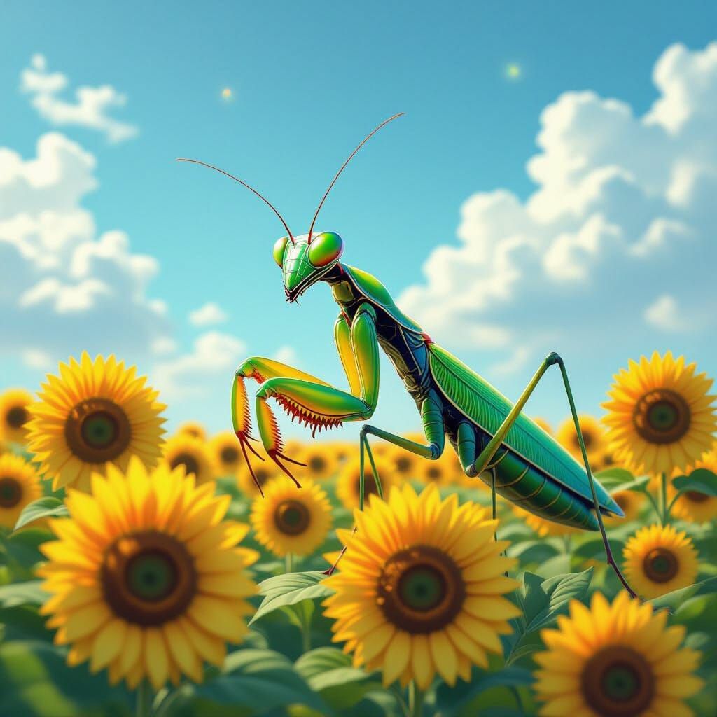 Detailed Praying Mantis on Sunflowers in Ethereal Concept Ar...
