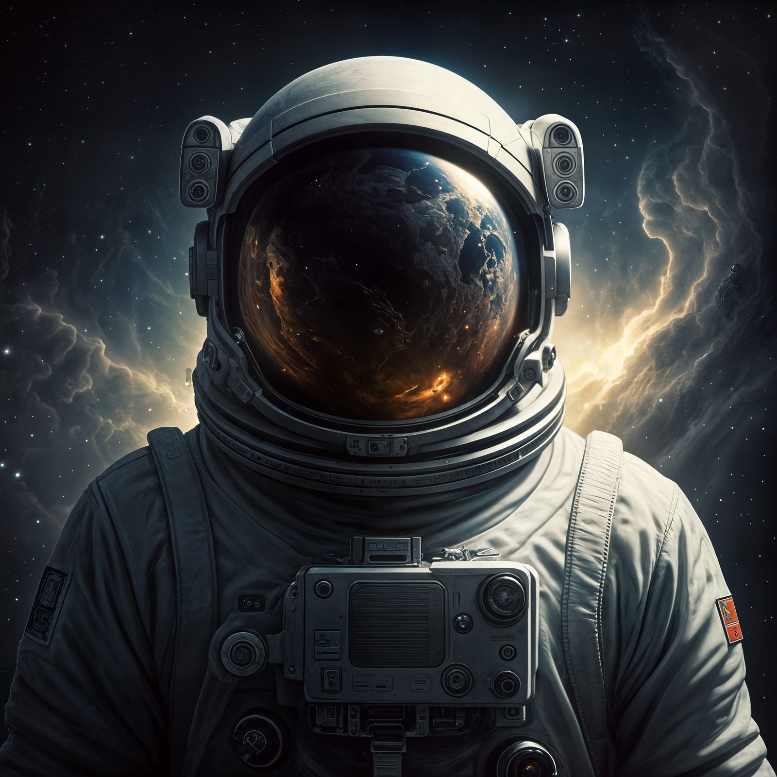 Lone Astronaut in Cosmic Nebula Reflecting Alien World