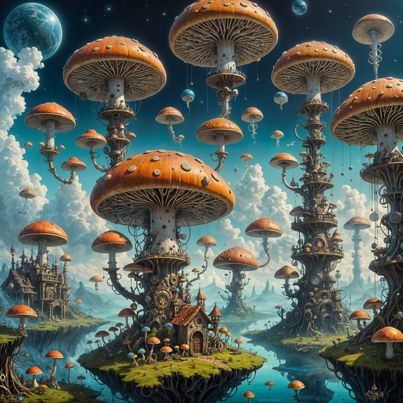 Surreal Dreamscape: Clockwork Planets and Iridescent Mushroo...