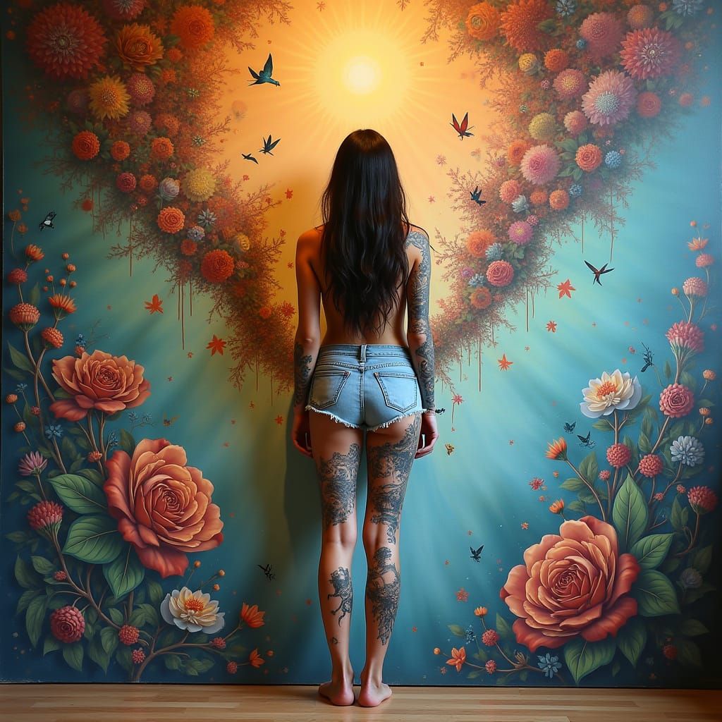 Woman Adorned with Tattoos Stands Before Vibrant Mural