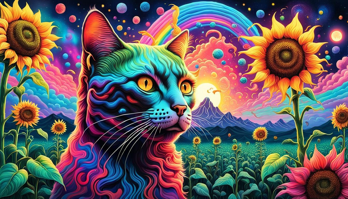 Surreal Starlit Landscape with Electric Sunflowers