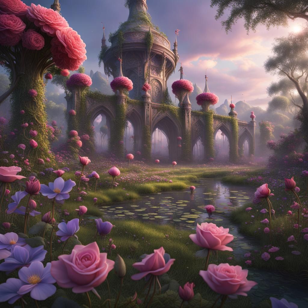 Enchanted Meadow with Roses, Violets, and Lotus Flowers