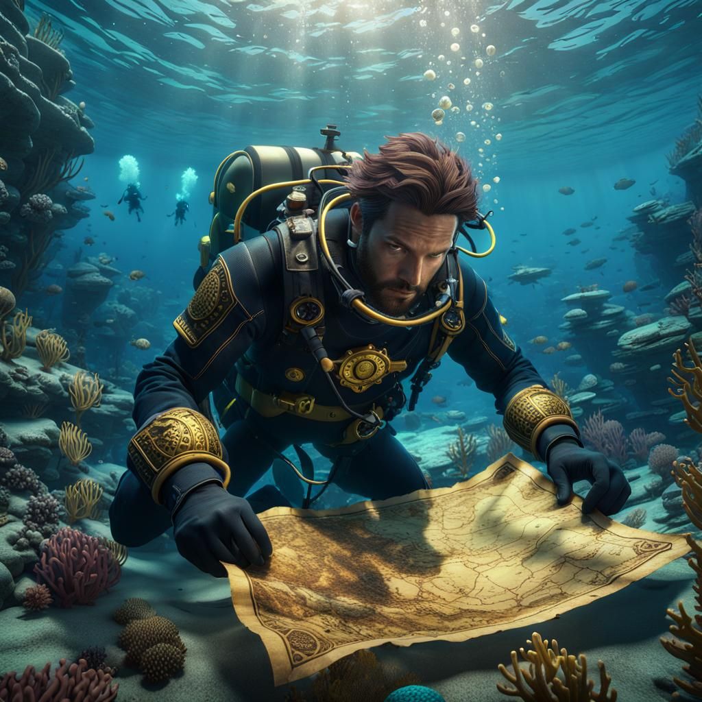 Fantasy Diver Retrieves Treasure Map in Underwater Scene