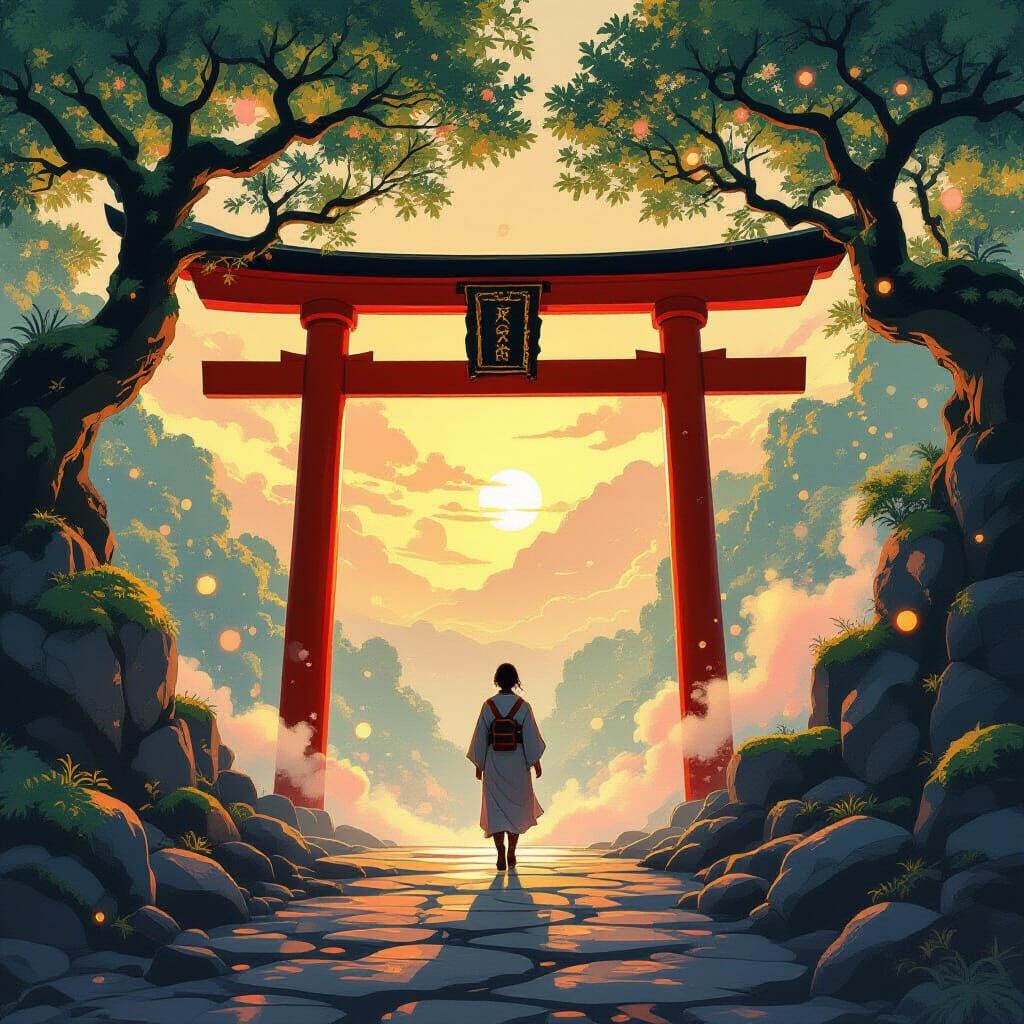 Person Enters Mystical Realm Through Vibrant Torii Gate