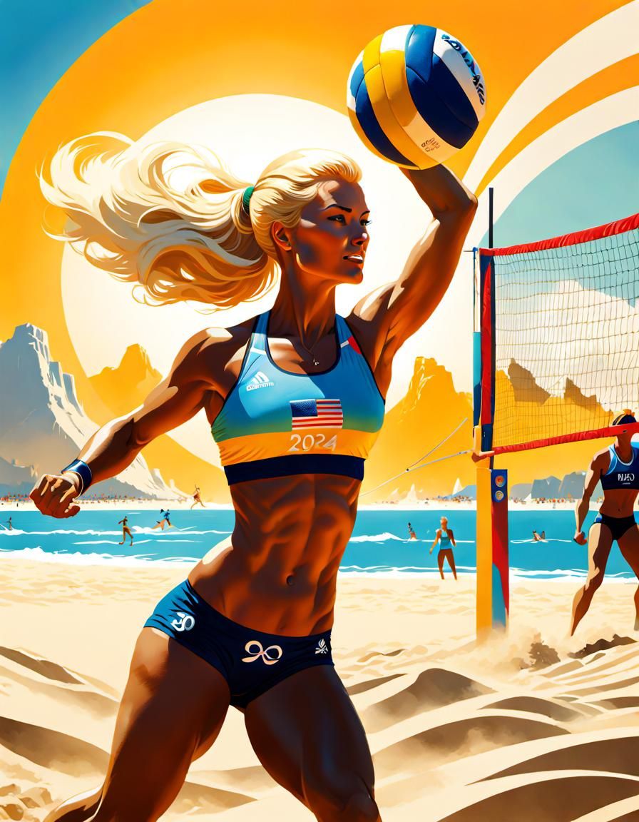 Blonde Woman's Beach Volleyball Game in Solarpunk Style