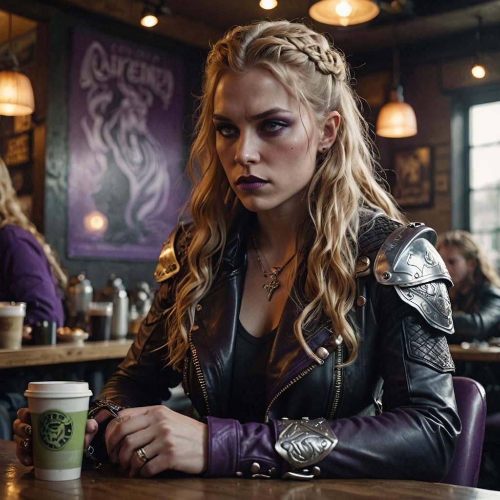 Valkyrie Biker in Cafe: Cinematic Film Still