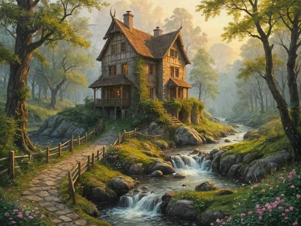 Medieval House in Forest Landscape, Oil Painting Style