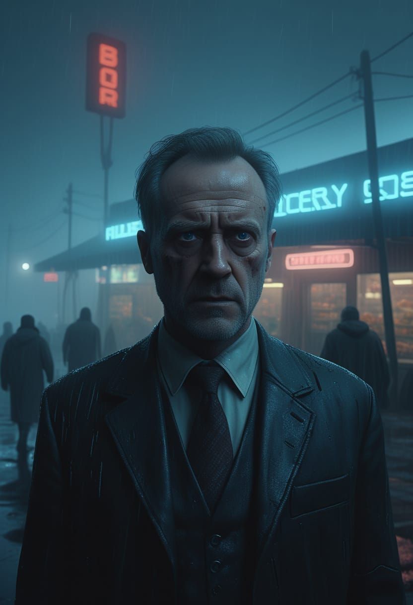 Sinister Man in Foggy Grocery Store, Cinematic Sci-Fi Style